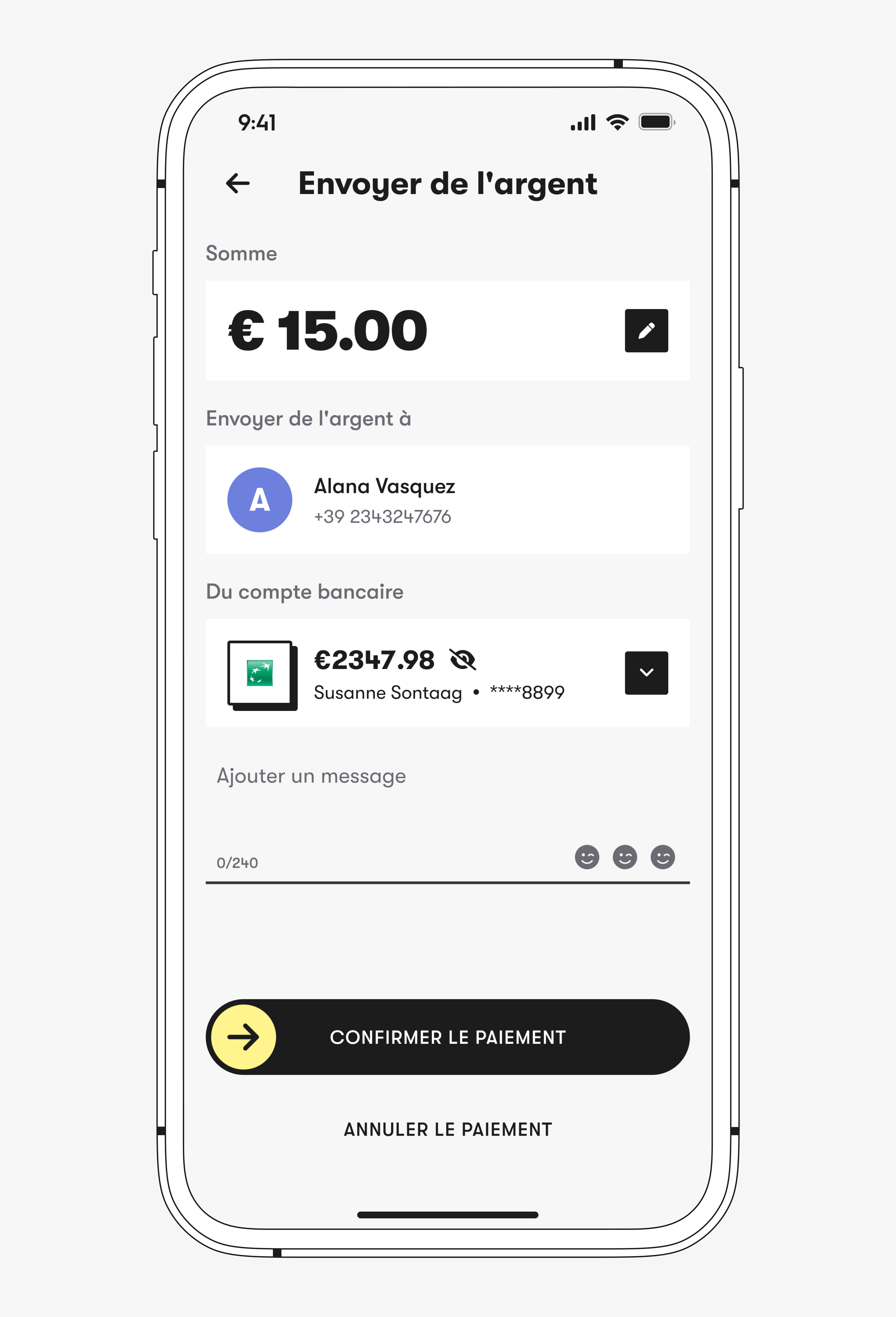 A wireframe illustration of a smartphone displaying the 'Send money' screen in the Wero app. The details show an amount of "€ 15.00" being sent to 'Alana Vasquez'. The money is being sent from 'Susanne Sontaa's' bank account. A black button reads 'AUTHORISE PAYMENT